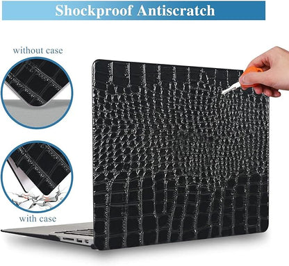 KEROM Compatible for Crocodile MacBook Pro 13 Inch Case 2025-2016 M2 M1 A2338 A2289 A2251 A2159 A1989 A1706 A1708, Textured Aligator Skin Snakeskin PU Leather Hardshell & Keyboard Cover, Shiny Black