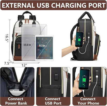Laptop Backpack for Women Bag - 15.6 inch Work Travel Backpack with USB Charger College Bookbag Waterproof Business Computer Backpack Anti-theft Casual Backpacks for Nurse Teacher Beige Black Brown