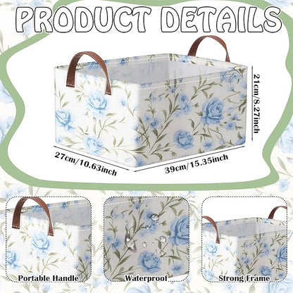 Boao 3 Pcs Blue Hydrangea Bow Storage Bin Flowers Collapsible Large Storage Baskets for Gifts Canvas Laundry Basket Foldable Box with Handle for Office Home Bedroom Clothes
