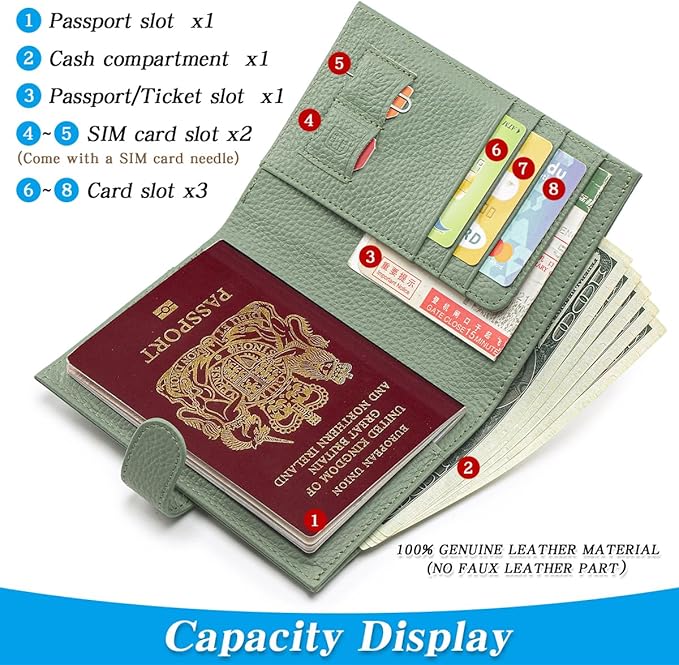 Passport Holder for Travel Women RFID Blocking Genuine Leather Passport Wallet with Card Slots, Zipper Coins Pocket, Cash Holder, Green