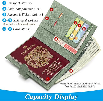 Passport Holder for Travel Women RFID Blocking Genuine Leather Passport Wallet with Card Slots, Zipper Coins Pocket, Cash Holder, Green