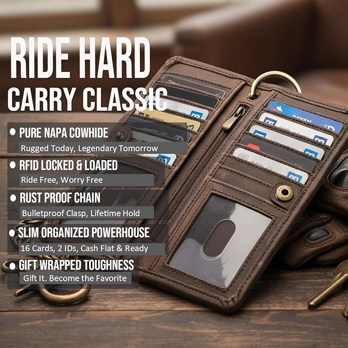 CLASSIC Motorcycle Chain Wallet for Men – Premium Cowhide Leather, RFID Bi-Fold Biker Wallet for Bikers Truckers & Hunters, Credit Card Money Organizer Long Wallet Crazy Horse Brown Vintage Chain