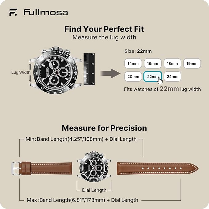 12 Colors for Quick Release Leather Watch Band, Fullmosa Axus Genuine Leather Watch Strap,Brown,22mm