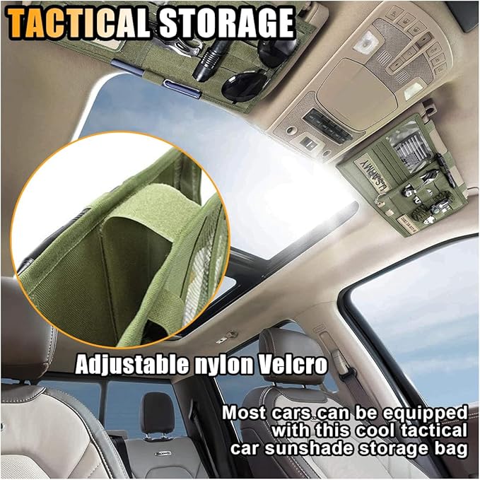 Tactical Molle Car Sun Visor Organizer, Large Molle Visor Panel Storage Pouch Holder, Tactical Gear Truck Storage Shelf, 600D Car Sunshade Storage Bag for Large Vehicle (Army Green)