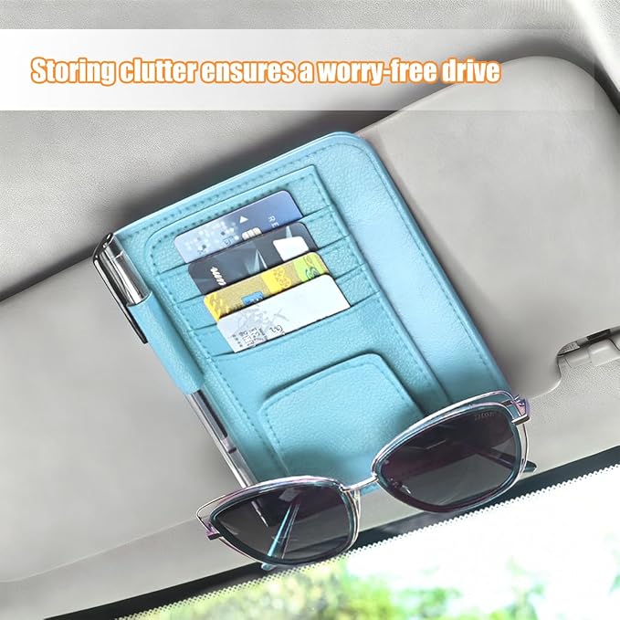Car Sun Visor Organizer, PU Leather Vehicle Visor Document Storage Pocket for Sunglass Card Pen, Multifunctional Automotive Interior Holder Accessories, Universal Fit (Blue)
