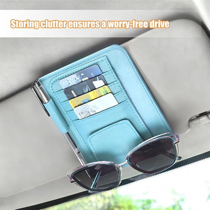 Car Sun Visor Organizer, PU Leather Vehicle Visor Document Storage Pocket for Sunglass Card Pen, Multifunctional Automotive Interior Holder Accessories, Universal Fit (Blue)