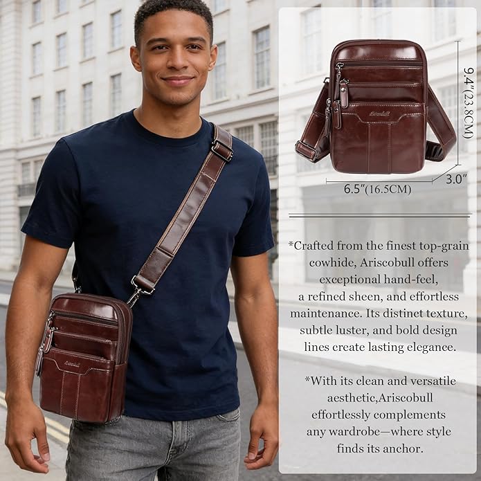 Leather Messenger Bag for Men, Small Leather Sling Shoulder Bag Messenger Pack for Men, Man Purse