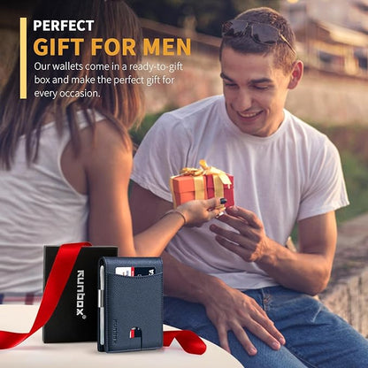 RUNBOX Slim Money Clip Wallets for Men RFID Blocking 11 Card Holder Minimalist Small Leather Bifold Men's Front Pocket Wallet Gift Box