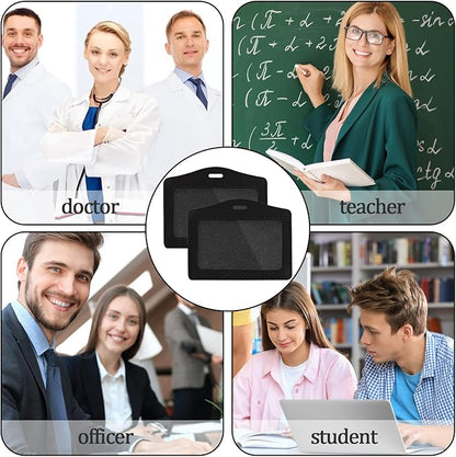 2 Pcs Genuine Leather ID Badge Holder Horizontal Single-Side Clear Card Holder Waterproof Name Badge Holder for Office, Staff, Students, Employees (Black&Black)