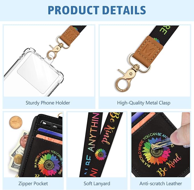 Be Kind Sunflower Lanyard Wallet with ID Badge Holder, Small RFID Wallet Women Keychain Wristlet, Slim Credit Card Holder Case with Zipper Pocket Phone Lanyard Wrist Strap Name Tag Office Teacher Gift