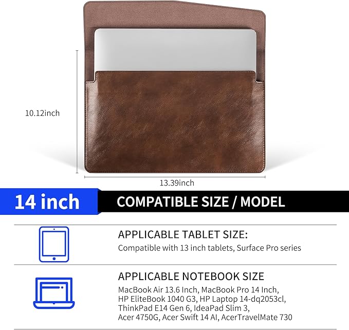 14 Inch Leather Laptop Sleeve for MacBook Pro 14 Inch M5 M4 M3 M2 M1 Pro/Max Case,Premium Protective Case Cover with Magnetic Closure-Vintage Dark Brown