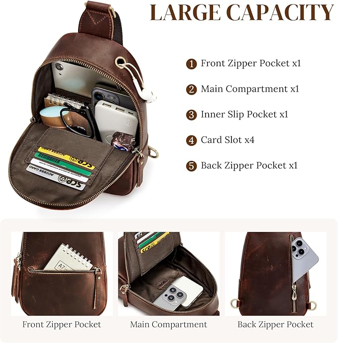 S-ZONE Leather Sling Bags for Women Men, Fanny Packs, Small Crossbody Purse Chest Bag with RFID Blocking
