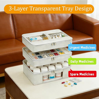 3-Tier Medicine Cabinet Organizer, Foldable Fabric Medicine Storage Box with Clear Cover and Handle,Multipurpose Medicine Organizer Box for First Aid, Home and Travel