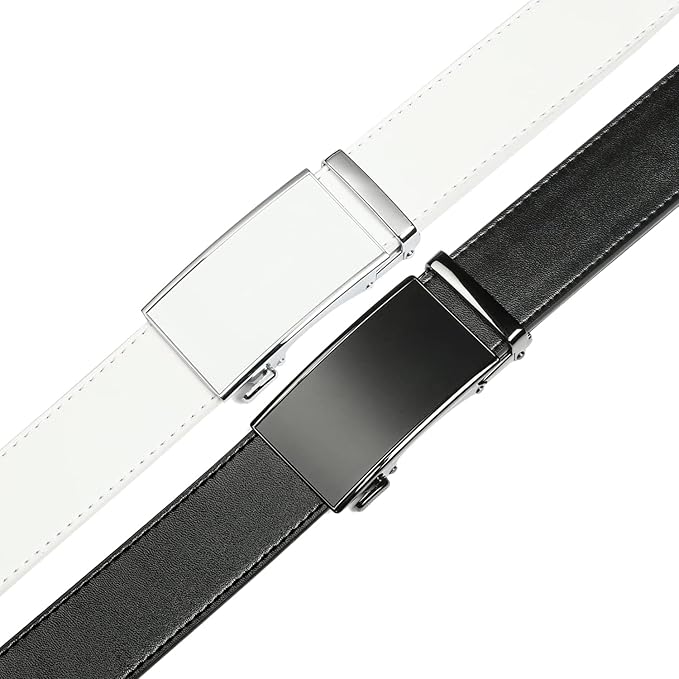 2 Pack Ratchet Belt 1 3/8", Mens leather Dress Belt in Gift Set Size 28"-62" Adjustable waist Trim to Fit