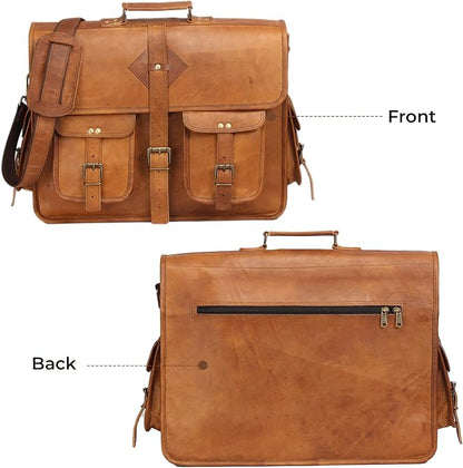 Vintage Leather Laptop Bag for Men Full Grain Large Leather Messenger bag for men 18 inches with rustic look Brown briefcase (Tan)