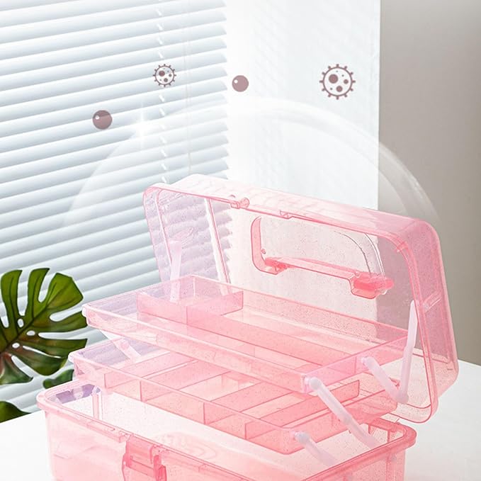 Saim Small Parts Organizer, 3-Layer Storage Box with Fixed Compartments, Ready-to-Use Portable Makeup & Hair Accessories Case, Craft Organizer for Girls Teens College Dorm - Light Pink