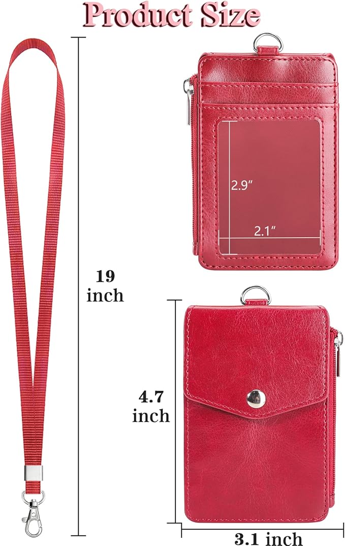Teskyer Badge Holder with Side Zip Pocket, Multiple Card Slots Leather ID Holder Wallet with Neck Lanyard for Office Staffs, Teachers/Students, Couriers, Workers, Red