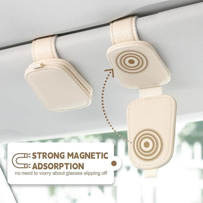 JUSTTOP 2 Pack Sunglasses Holders for Car, Magnetic Leather Buckle Sun Visor Sunglass Clip, Ticket Card Clip Sunglasses Mount, Car Interior Accessories for Men and Women (Beige)