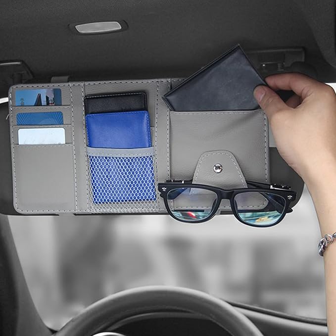 2 Packs Gray Car Sun Visor Organizer, Sunglasses Holders for Car Sun Visor, PU Leather, Auto Interior Accessories Storage Travel Document Holder with Multi Pocket