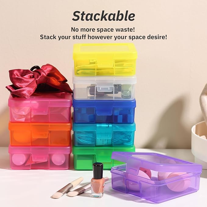 novelinks Plastic Small Storage Bins with Lids for Organizing, Mini Clear Storage Containers and Stackable Storage Box Organizer for Pencil Boxes, Task Boxes, Crayon Boxes (18 Pack Small -Color)