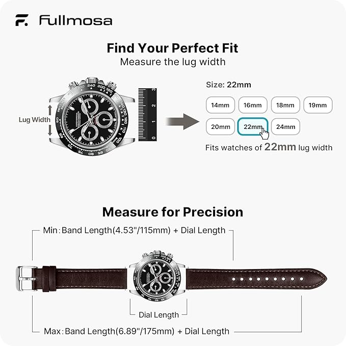 Fullmosa Watch Band, Quick Release Leather Watch Strap for Men Women, Replacement Bands Width 12mm 14mm 16mm 18mm 19mm 20mm 21mm 22mm 24mm
