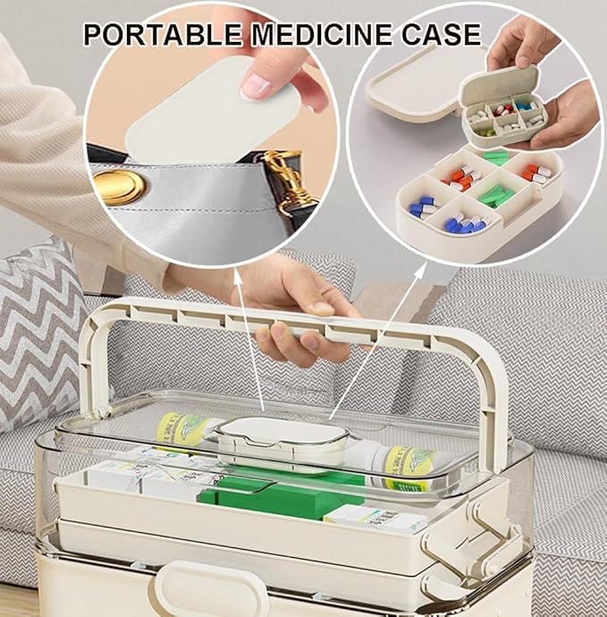 3-Tier 12 x 9 x 7 Medicine Organizer, Medicine Cabinet Organizer with Portable Pill Case, Multipurpose Plastic Box for Storage Empty First Aid Box