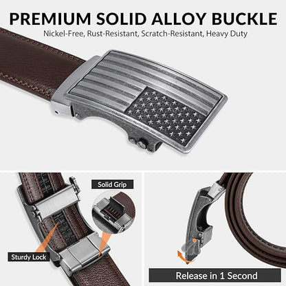 SANSTHS Mens Ratchet Belts Leather 1 3/8" for Men Dress and Casual, Adjustable Click Belts with American Flag Buckles