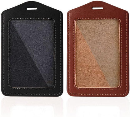 Larpur Pack of 2 Genuine Leather Badge Holders, Vertical ID Card Holders with 1 Clear ID Window for Work, School, Office