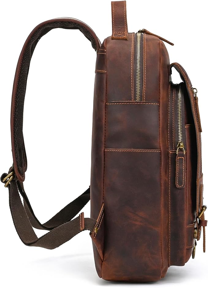 Vintage Full Grain Leather Backpack for Men, 16" Laptop Rucksack For Men Hiking Trave Work Business Bag, 1829 Brown