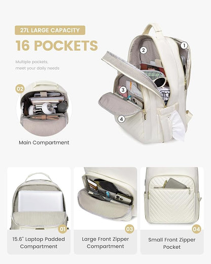 LOVEVOOK Laptop Backpack Purse for Women, Work Travel Computer Bags, College School Backpack for Student Girl, Quilted Casual Daypack with USB Port, Fit 15.6 Inch Laptop, Beige White