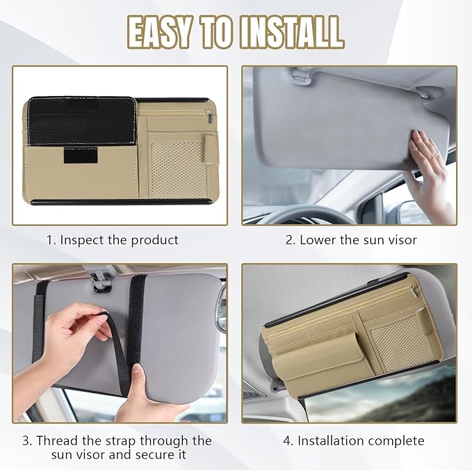 Hovom Car Visor Organizer, Leather Multi-Pocket Auto Sun Visor Storage Pouch with Sunglasses Holder, Card Holder, Zipper Pocket, Net Pocket, Pen Slot, Universal Interior Car Accessories (Beige)