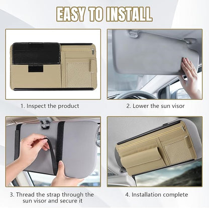 Hovom Car Visor Organizer, Leather Multi-Pocket Auto Sun Visor Storage Pouch with Sunglasses Holder, Card Holder, Zipper Pocket, Net Pocket, Pen Slot, Universal Interior Car Accessories (Beige)