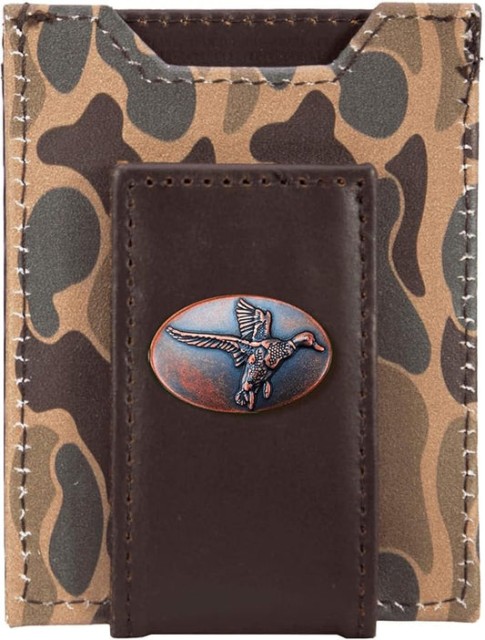 ZEP-PRO Mallard Men's Magnetic Front Pocket Old School Camo Leather Wallet – Slim Design with Card Slots and Money Clip, Brown/Tan Camo