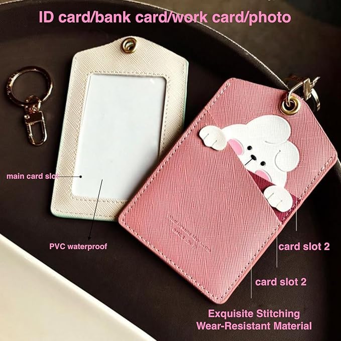 PU Leather ID Badge Holder with Keychain - Cartoon Animal Cute ID Badge Holder, 3 Card Slots for Professionals, Students, Nurse Officer, School Women Girls Boys (Pink)