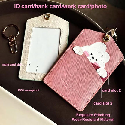 PU Leather ID Badge Holder with Keychain - Cartoon Animal Cute ID Badge Holder, 3 Card Slots for Professionals, Students, Nurse Officer, School Women Girls Boys (Pink)