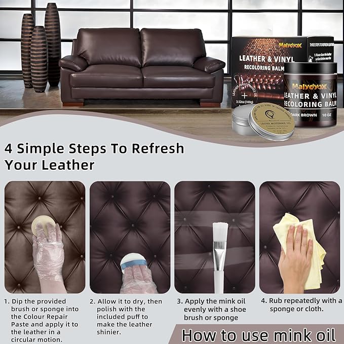Malydyox 10oz Leather Recoloring Blam with 3.52oz Mink Oil, Leather Repair Kit for Furniture, Leather Couches Restorer, Leather Couch Repair, Leather Conditioner for Couch (Dark Brown)