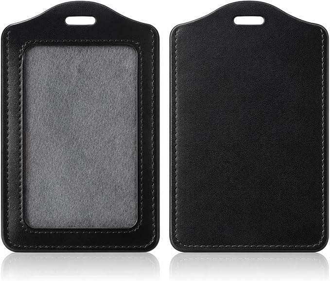 2 Pcs Leather Badge Holder, Badge Id Holder Vertical Leather Id Holders Waterproof Card Holders for Office, Staff, Employees Black
