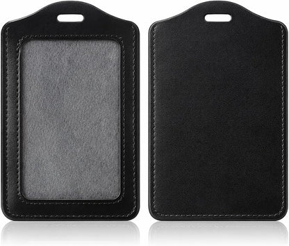 2 Pcs Leather Badge Holder, Badge Id Holder Vertical Leather Id Holders Waterproof Card Holders for Office, Staff, Employees Black