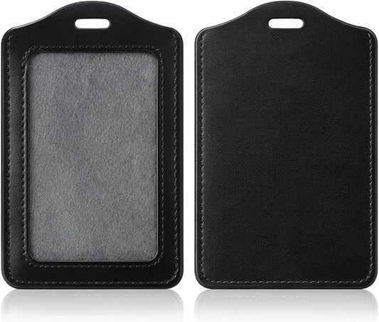 2 Pcs Leather Badge Holder, Badge Id Holder Vertical Leather Id Holders Waterproof Card Holders for Office, Staff, Employees Black