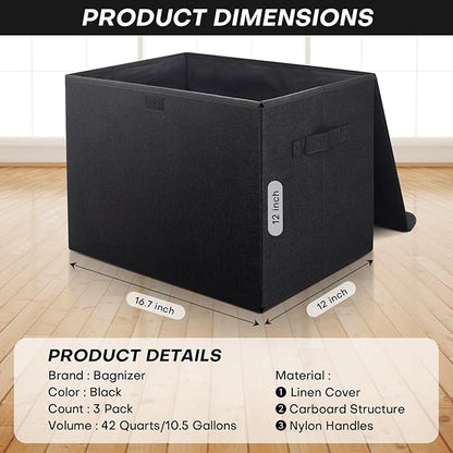 Bagnizer Large 17" 42 Quarts Collapsible Stackable Storage Bins with Lids [3-Pack] Foldable Fabric Linen Storage Boxes Cube, Closet Organizer Baskets with Label (16.7 x 12 x 12, Black)