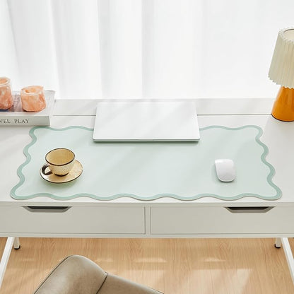 Ralxion Sage Green Scalloped Desk Mat, 31.5" x 15.7", PU Leather, Waterproof Anti-Slip, Cute Aesthetic Desk Pad for Office/Home/Game/Vanity Large