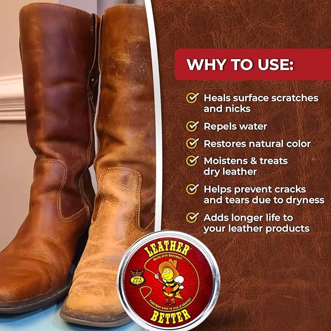 Leather Better Natural Leather Furniture Conditioner - for Boots, Shoes, Purses, Car Seats, Jackets, and Couches/Restore Moisture and Prevent Cracking / 10.04 oz