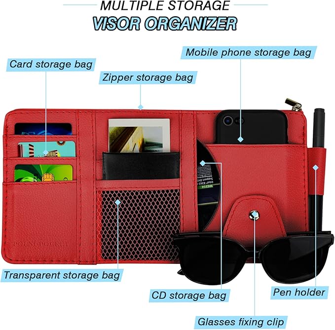 Car Sun Visor Organizer, Leather Pocket Organizer Sunglass Holder for Car Interior Accessories with Multi-Pocket Net Zipper (Red)