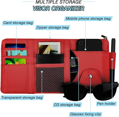 Car Sun Visor Organizer, Leather Pocket Organizer Sunglass Holder for Car Interior Accessories with Multi-Pocket Net Zipper (Red)