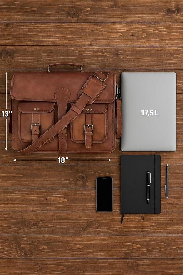 Leather Messenger Bag for Men and Women 18 inch Large Vintage Leather Briefcase Laptop Shoulder Bag Unisex Crossbody Messenger Satchel for Office, Business, Work, Travel