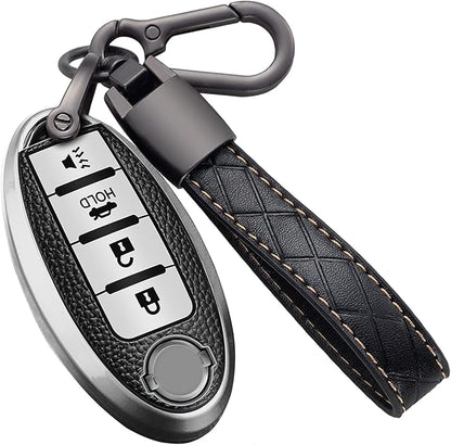 Montague Key Fob Cover for Nissan with Keychain Accessories, Premium Soft TPU Full Protection Key Case for Altima Rogue Sentra Maxima Pathfinder Frontier Titan Smart Key Shells (4-Buttons, Silver)