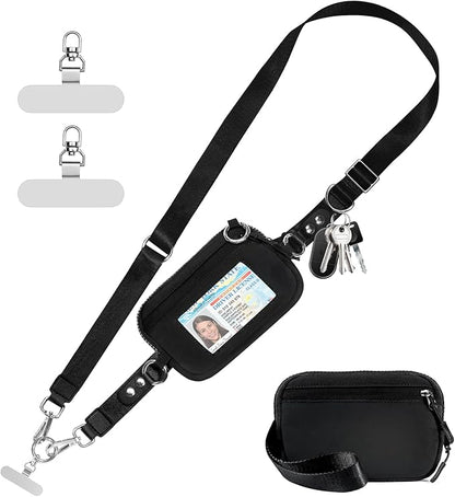 Tiostep Clip and Go Strap for Phone with Wallet Crossbody Phone Lanyard Adjustable and Detachable RFID Wristlet Wallet with ID Window and Zipper, Black