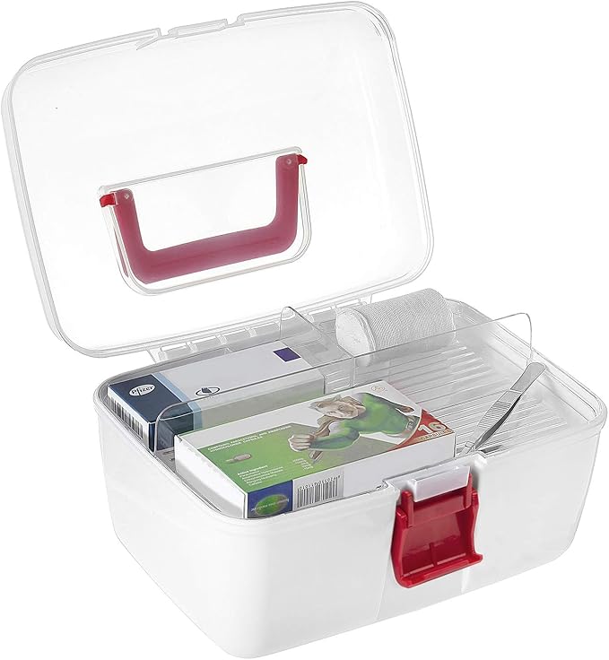 MyGift 10 Inch Multipurpose Portable White Plastic Storage Box with Removable Tray, Clear Lid and and Red Handle and Latch Lock, Home First Aid Storage Tool Box Sewing Kit Organizer Carrying Case