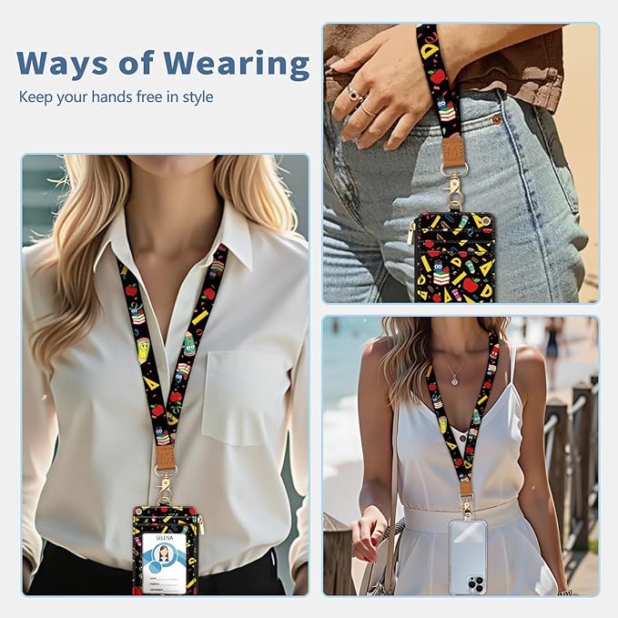 Lanyard Wallet with Id Badge Holder, Teacher RFID Small Keychain Wallet Women Wristlet, Cute Zipper Credit Card Holder Phone Wrist Neck Strap for Key Name Tag, Student School Office Gifts