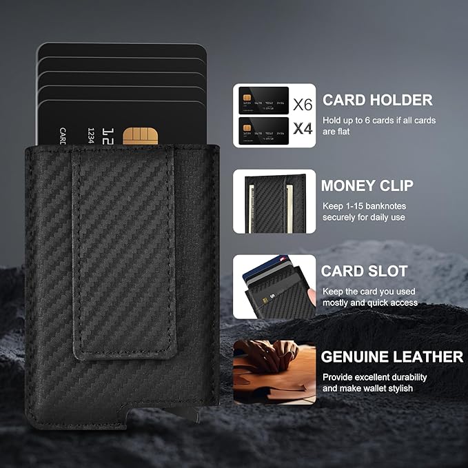 Dinghao RFID Blocking Slim Money Clip Aluminum Wallet Minimalist Automatic Pop-up Card Case (carbon fiberblack)
